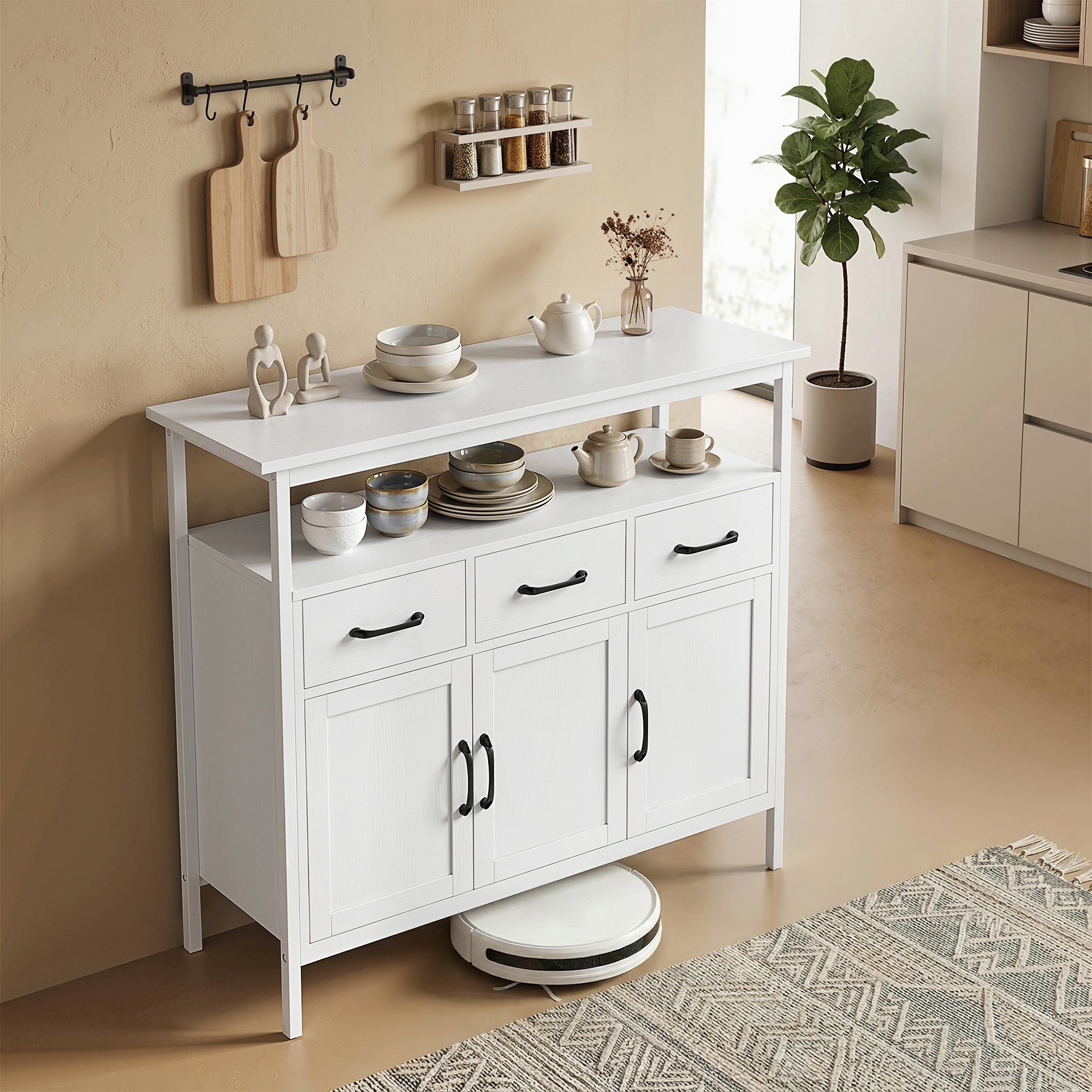 Kitchen Sideboard, Storage Cabinet with 3 Doors, 3 Drawers, Open Compartment & Adjustable Shelves, Modern Style for Living Room & Bedroom, 95 x 35 x 88 cm (37.4 x 13.8 x 34.6 in), White