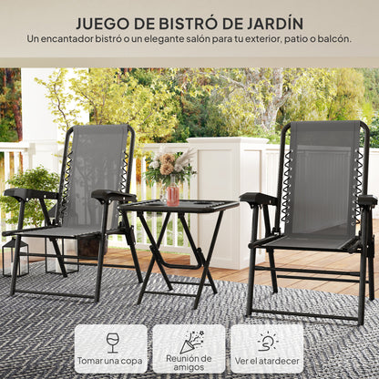 3-Piece Dark Gray Patio Garden Furniture Set Outdoor Terrace Table and Chairs Foldable Steel Structure with Cup Holders