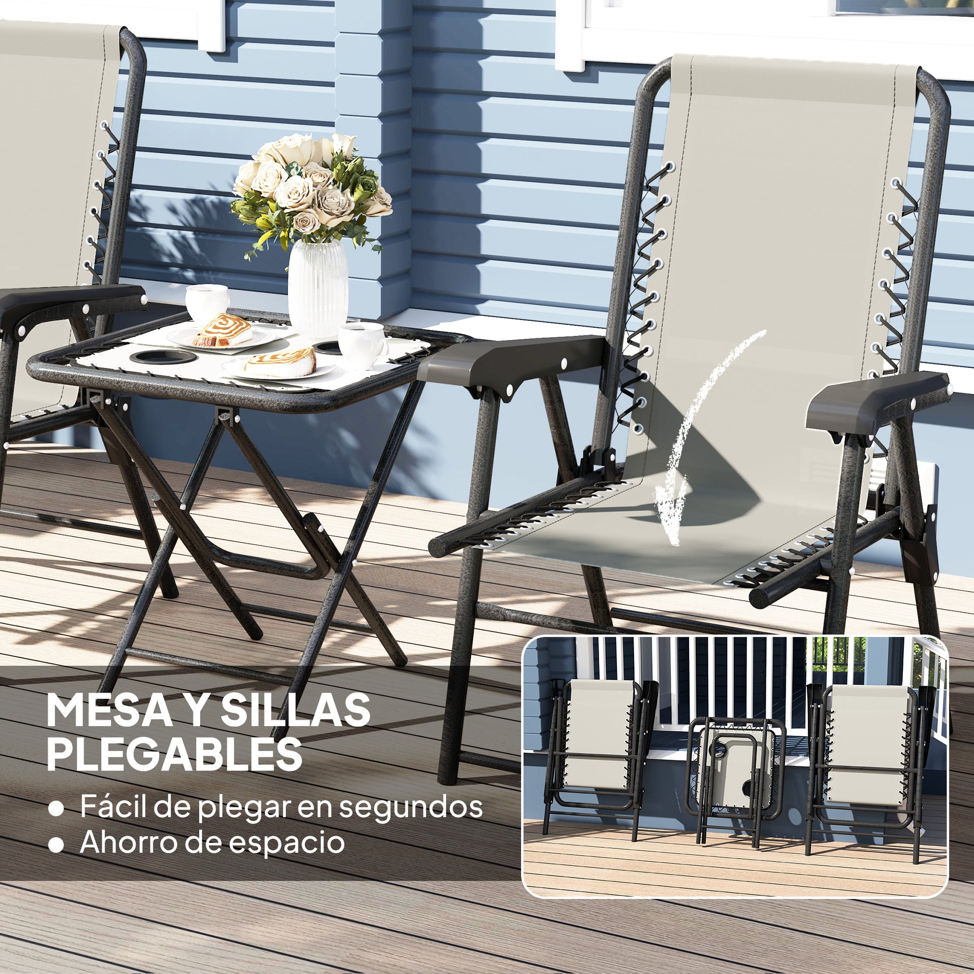 3-Piece Dark Gray Patio Garden Furniture Set Outdoor Terrace Table and Chairs Foldable Steel Structure with Cup Holders