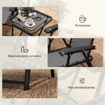 3-Piece Dark Gray Patio Garden Furniture Set Outdoor Terrace Table and Chairs Foldable Steel Structure with Cup Holders