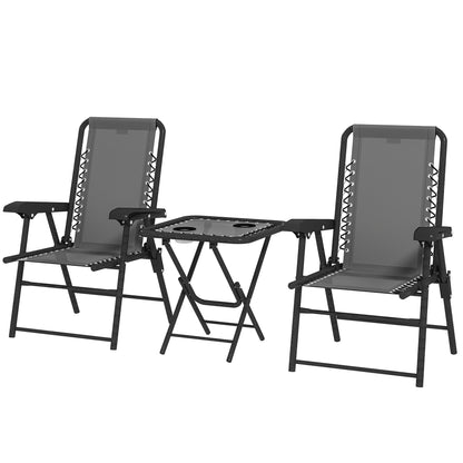 3-Piece Dark Gray Patio Garden Furniture Set Outdoor Terrace Table and Chairs Foldable Steel Structure with Cup Holders