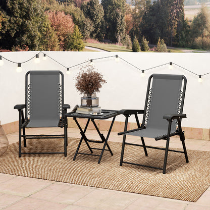 3-Piece Dark Gray Patio Garden Furniture Set Outdoor Terrace Table and Chairs Foldable Steel Structure with Cup Holders