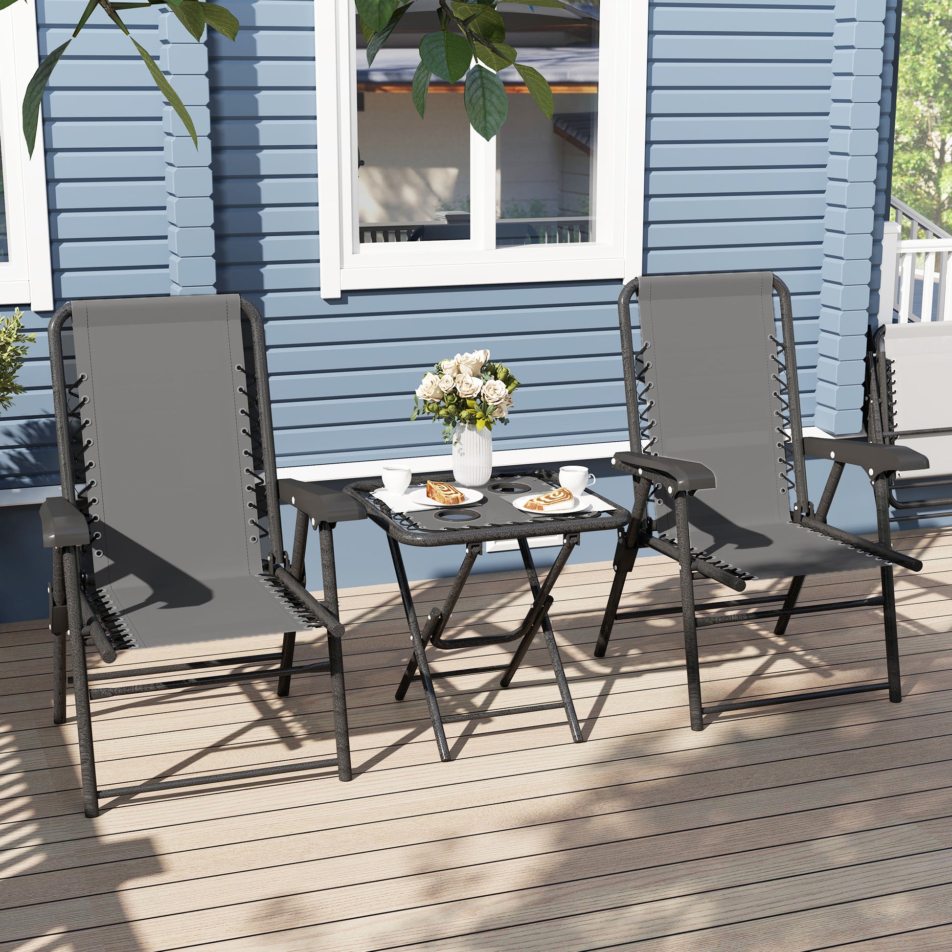 3-Piece Dark Gray Patio Garden Furniture Set Outdoor Terrace Table and Chairs Foldable Steel Structure with Cup Holders