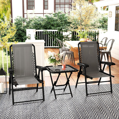 3-Piece Dark Gray Patio Garden Furniture Set Outdoor Terrace Table and Chairs Foldable Steel Structure with Cup Holders