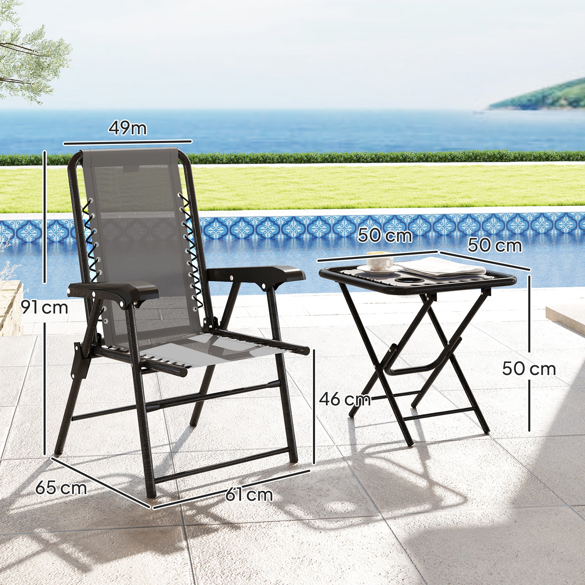 3-Piece Dark Gray Patio Garden Furniture Set Outdoor Terrace Table and Chairs Foldable Steel Structure with Cup Holders