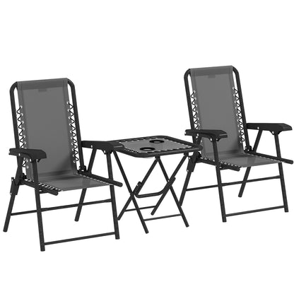 3-Piece Dark Gray Patio Garden Furniture Set Outdoor Terrace Table and Chairs Foldable Steel Structure with Cup Holders