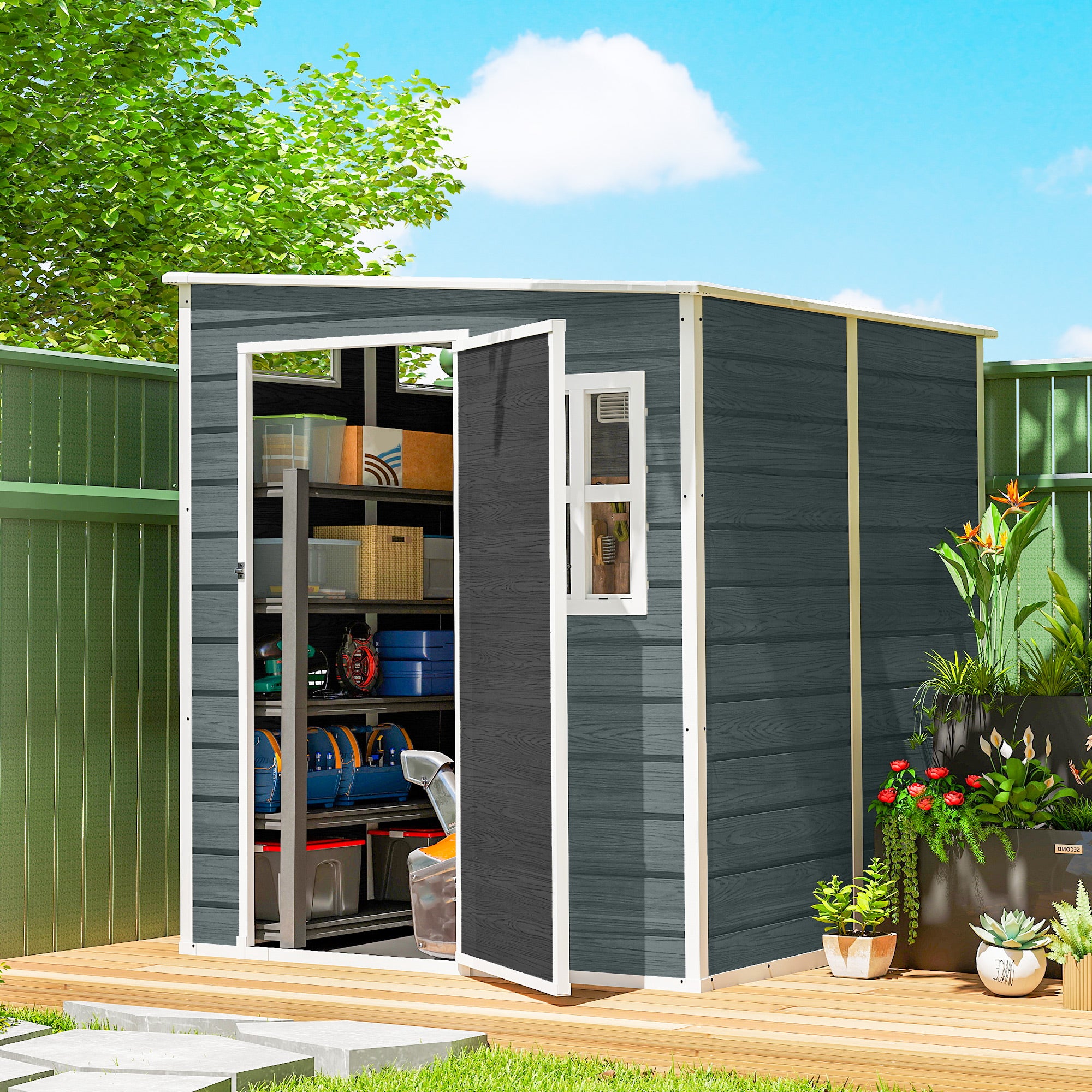 6 ft x 6 ft Weathered Gray Garden Shed with Floor, Wood-Effect Panels, Lockable Door & Windows for Patio, Lawn or Garage