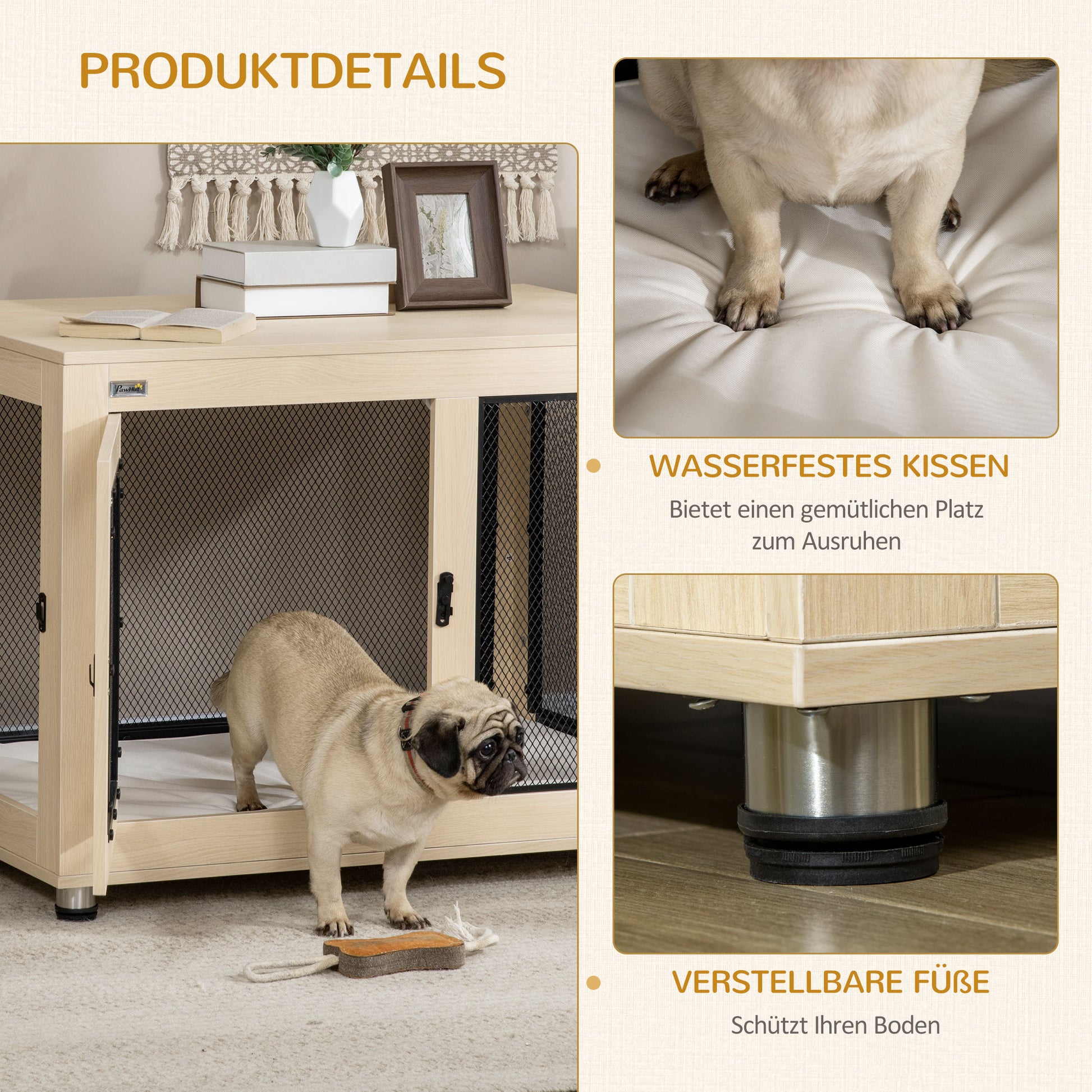 Dog Cage for Home, Dog Crate with 2 Doors, Washable Pillow, Dog House with Adjustable Feet, Latch, for Large Dogs up to 30 kg, Oak, 94 x 60 x 71.5 cm