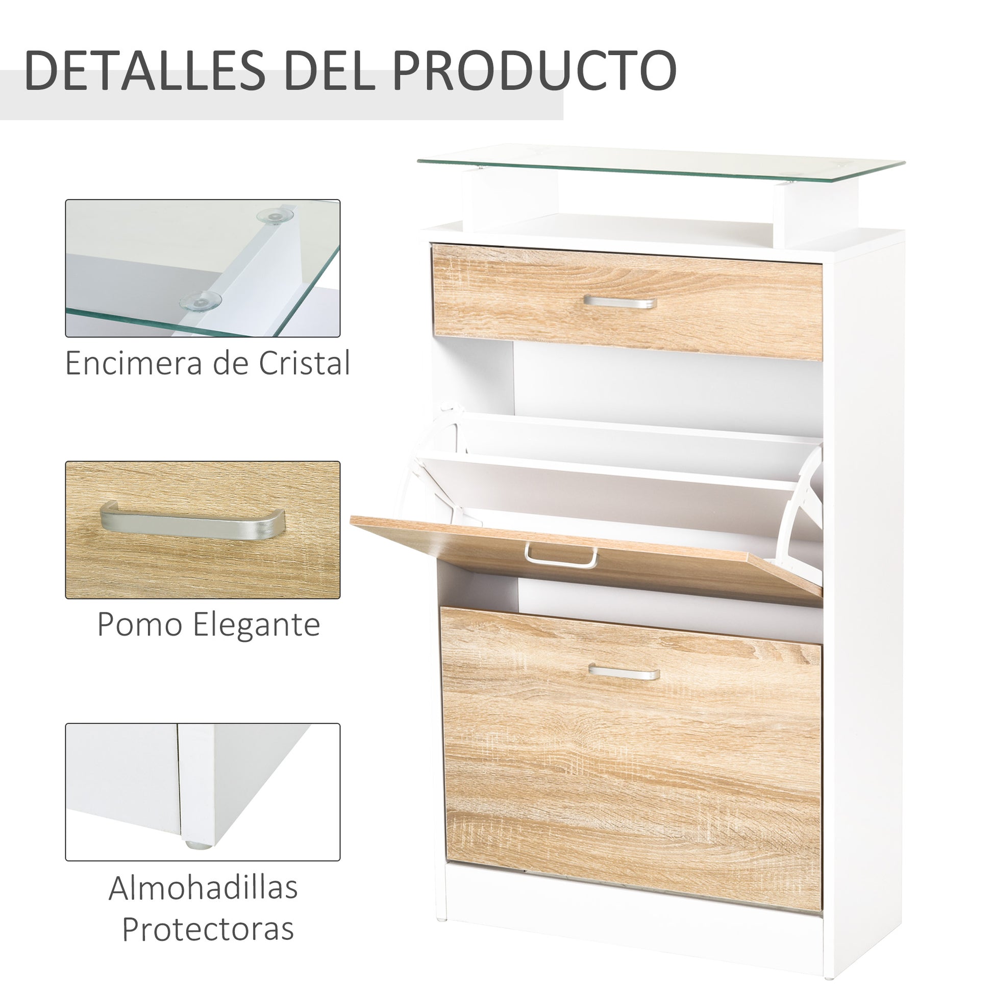 Shoe Cabinet Shoe Rack with 3 Drawers Glass Shelf and Aluminum Handle for Hallway Entry 50 kg Load 60x24x105.5 cm Natural
