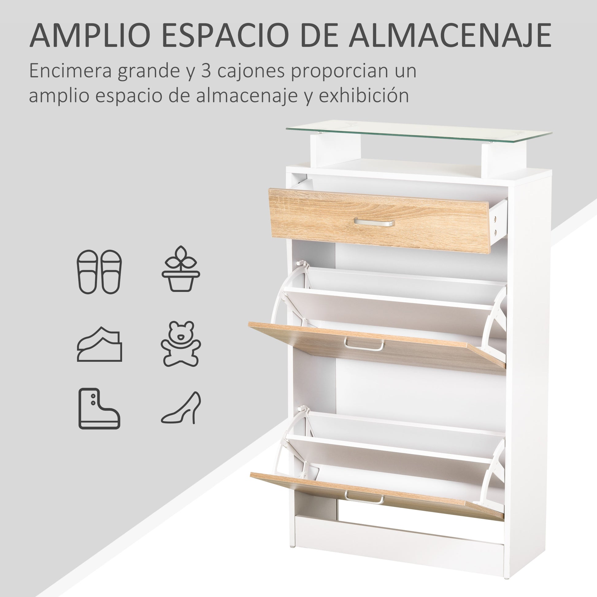 Shoe Cabinet Shoe Rack with 3 Drawers Glass Shelf and Aluminum Handle for Hallway Entry 50 kg Load 60x24x105.5 cm Natural