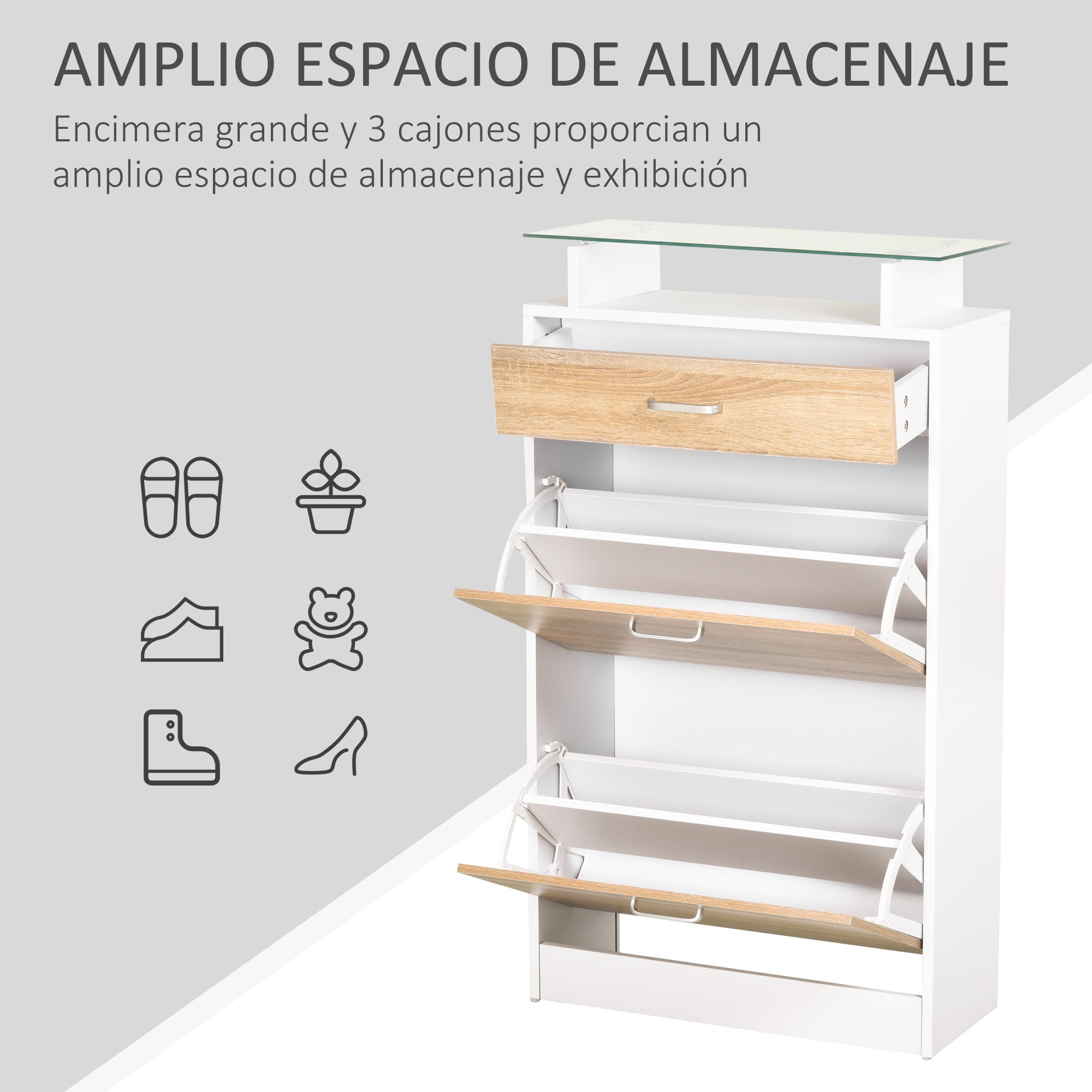 Shoe Cabinet Shoe Rack with 3 Drawers Glass Shelf and Aluminum Handle for Hallway Entry 50 kg Load 60x24x105.5 cm Natural