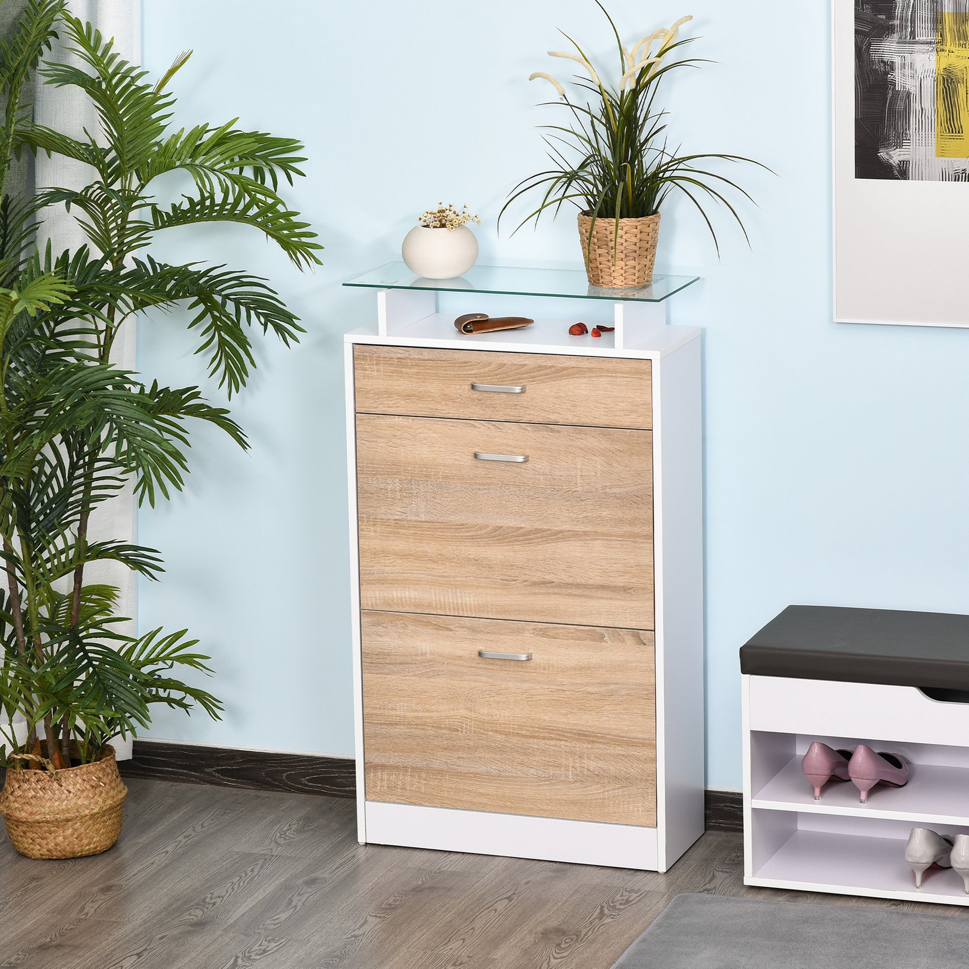 Shoe Cabinet Shoe Rack with 3 Drawers Glass Shelf and Aluminum Handle for Hallway Entry 50 kg Load 60x24x105.5 cm Natural