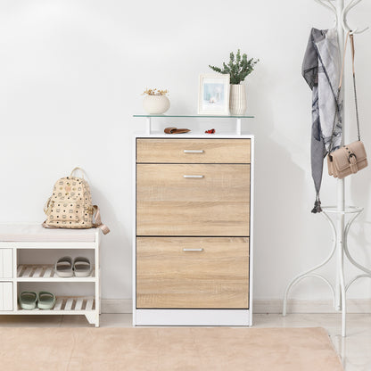 Shoe Cabinet Shoe Rack with 3 Drawers Glass Shelf and Aluminum Handle for Hallway Entry 50 kg Load 60x24x105.5 cm Natural