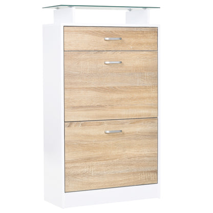Shoe Cabinet Shoe Rack with 3 Drawers Glass Shelf and Aluminum Handle for Hallway Entry 50 kg Load 60x24x105.5 cm Natural