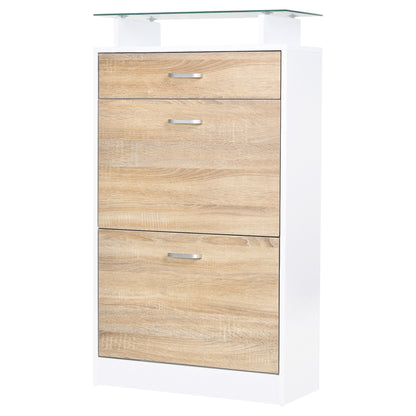 Shoe Cabinet Shoe Rack with 3 Drawers Glass Shelf and Aluminum Handle for Hallway Entry 50 kg Load 60x24x105.5 cm Natural