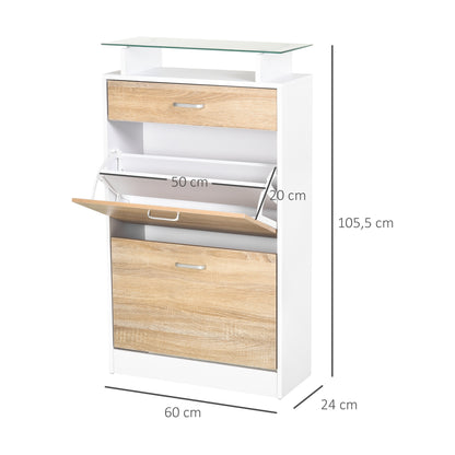 Shoe Cabinet Shoe Rack with 3 Drawers Glass Shelf and Aluminum Handle for Hallway Entry 50 kg Load 60x24x105.5 cm Natural