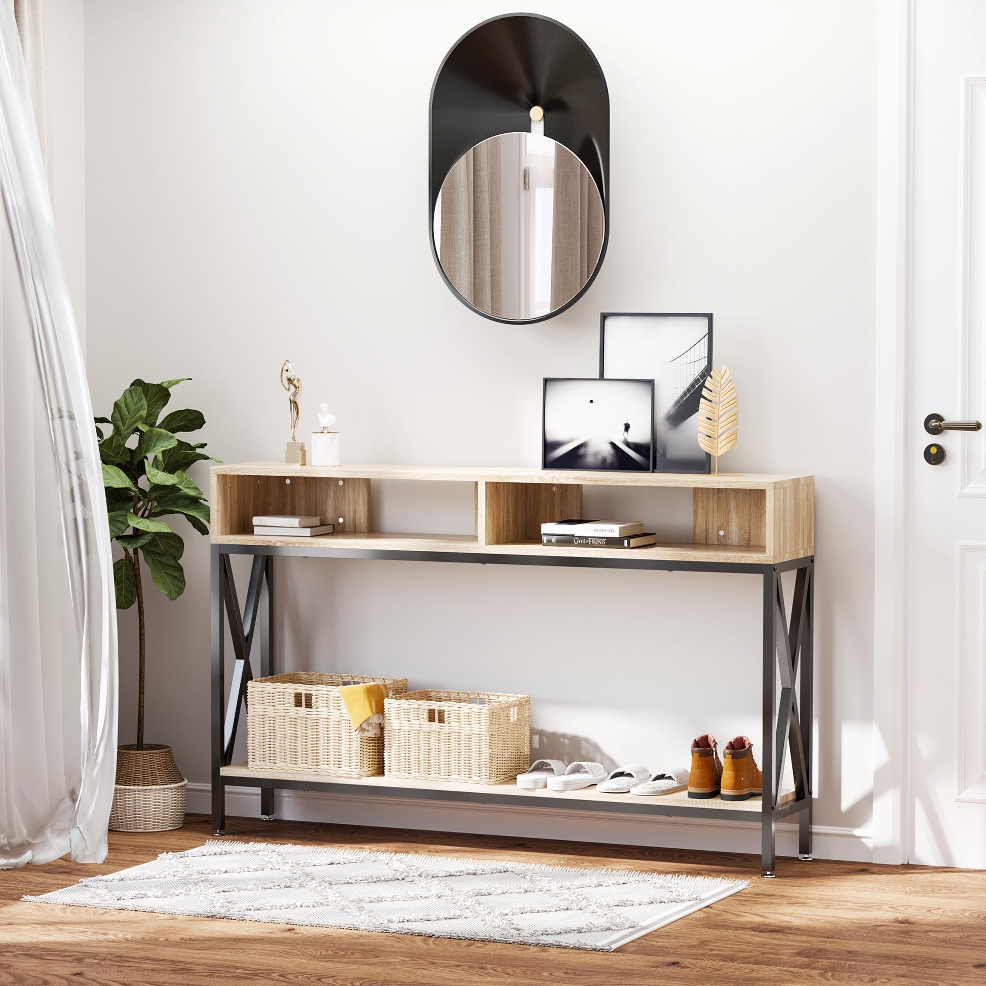 Hallway Console Table for Entryway with 2 Compartments and Shelf Console for Entryway Hallway 120x23.5x75 cm Oak and Black