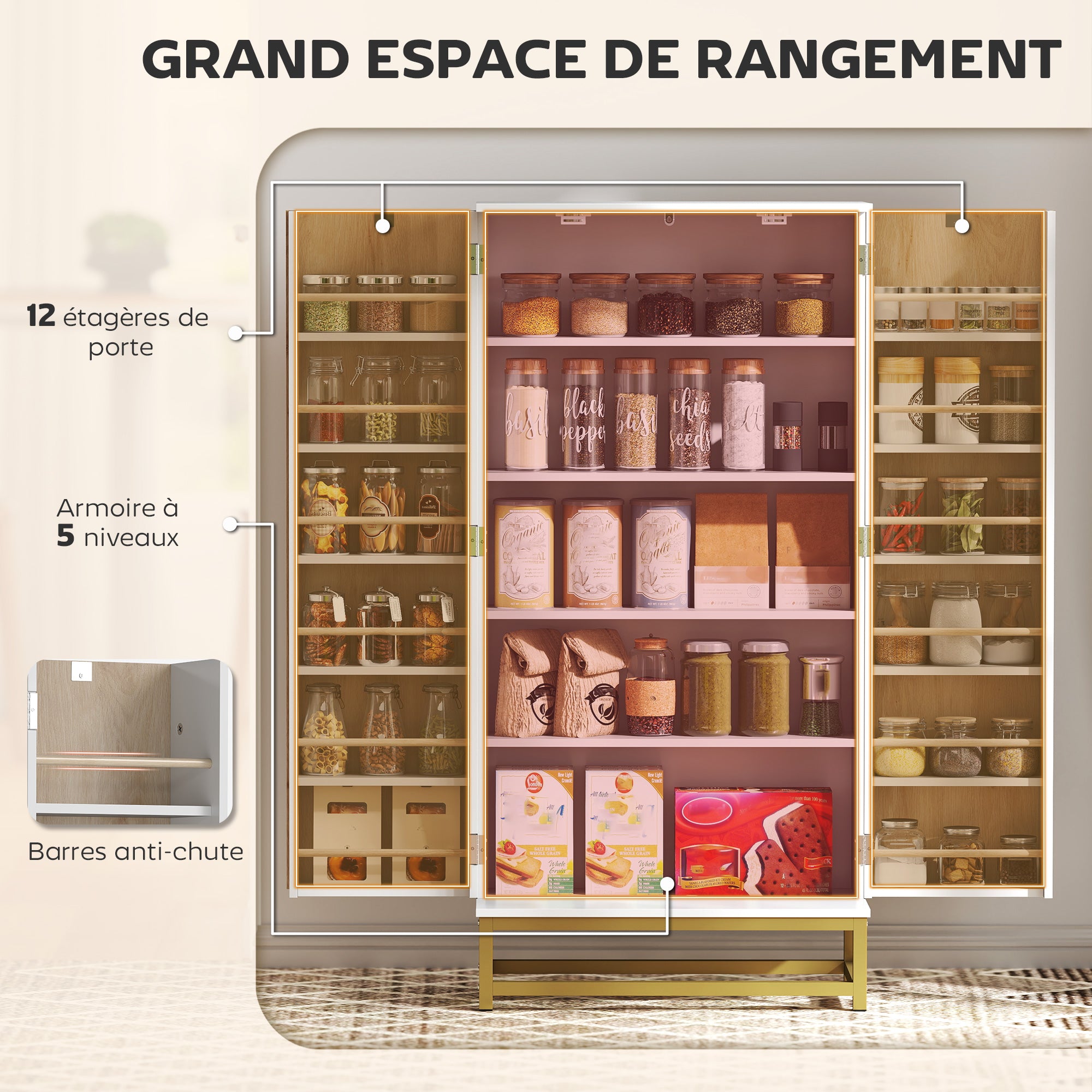 Kitchen Buffet, Kitchen Storage Cabinet, Modern Display Cabinet with 12 Shelf Doors, Adjustable Shelves, and Double Louvered Door, for Dining Room, Living Room, 58x29x119.5cm, White