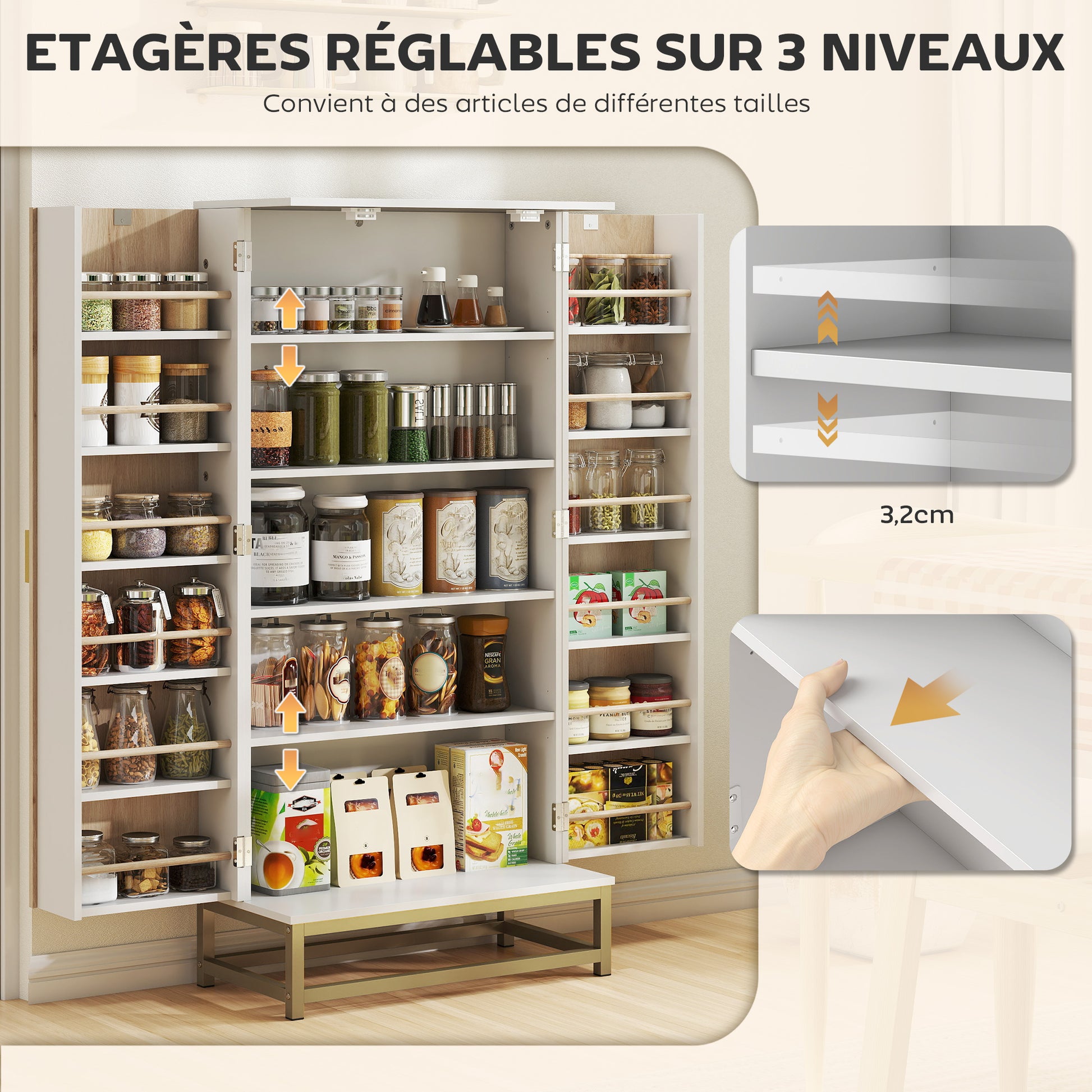 Kitchen Buffet, Kitchen Storage Cabinet, Modern Display Cabinet with 12 Shelf Doors, Adjustable Shelves, and Double Louvered Door, for Dining Room, Living Room, 58x29x119.5cm, White