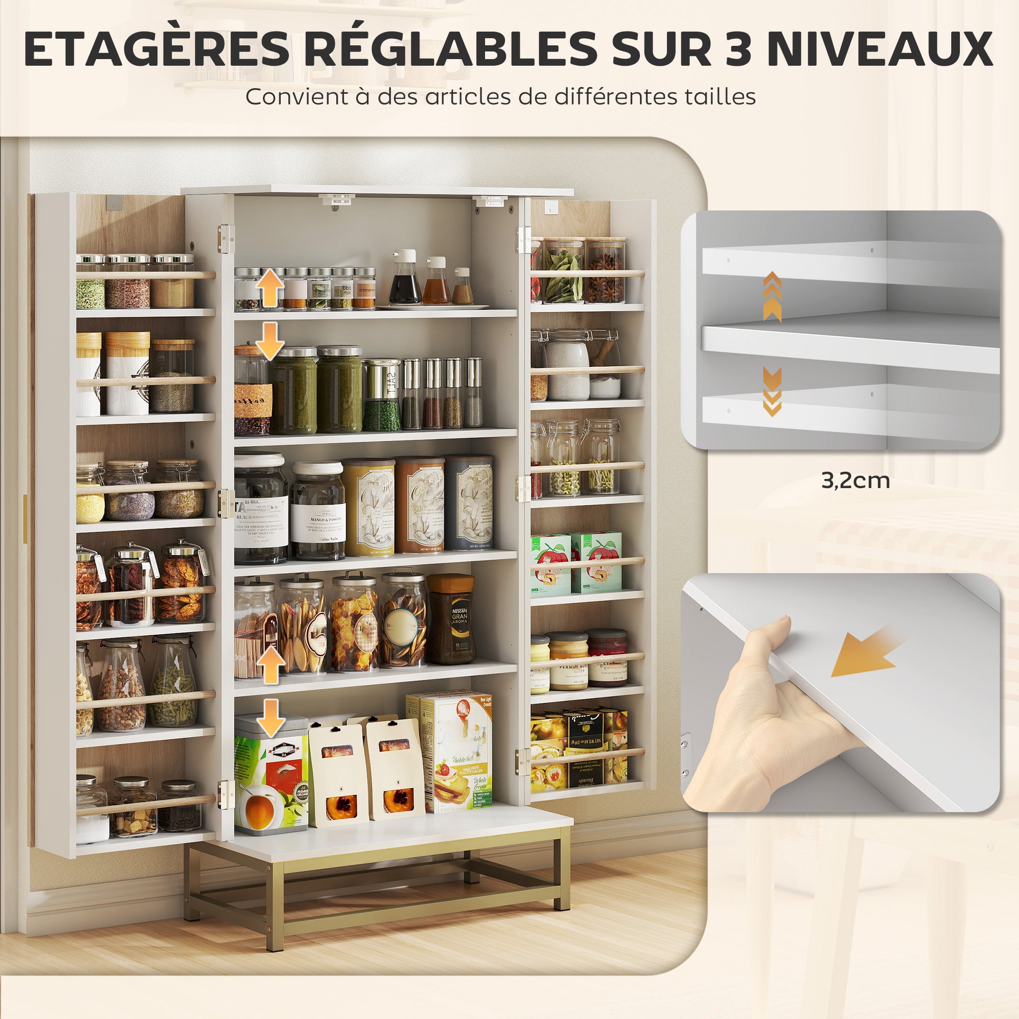 Kitchen Buffet, Kitchen Storage Cabinet, Modern Display Cabinet with 12 Shelf Doors, Adjustable Shelves, and Double Louvered Door, for Dining Room, Living Room, 58x29x119.5cm, White
