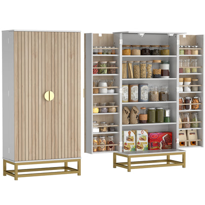 Kitchen Buffet, Kitchen Storage Cabinet, Modern Display Cabinet with 12 Shelf Doors, Adjustable Shelves, and Double Louvered Door, for Dining Room, Living Room, 58x29x119.5cm, White