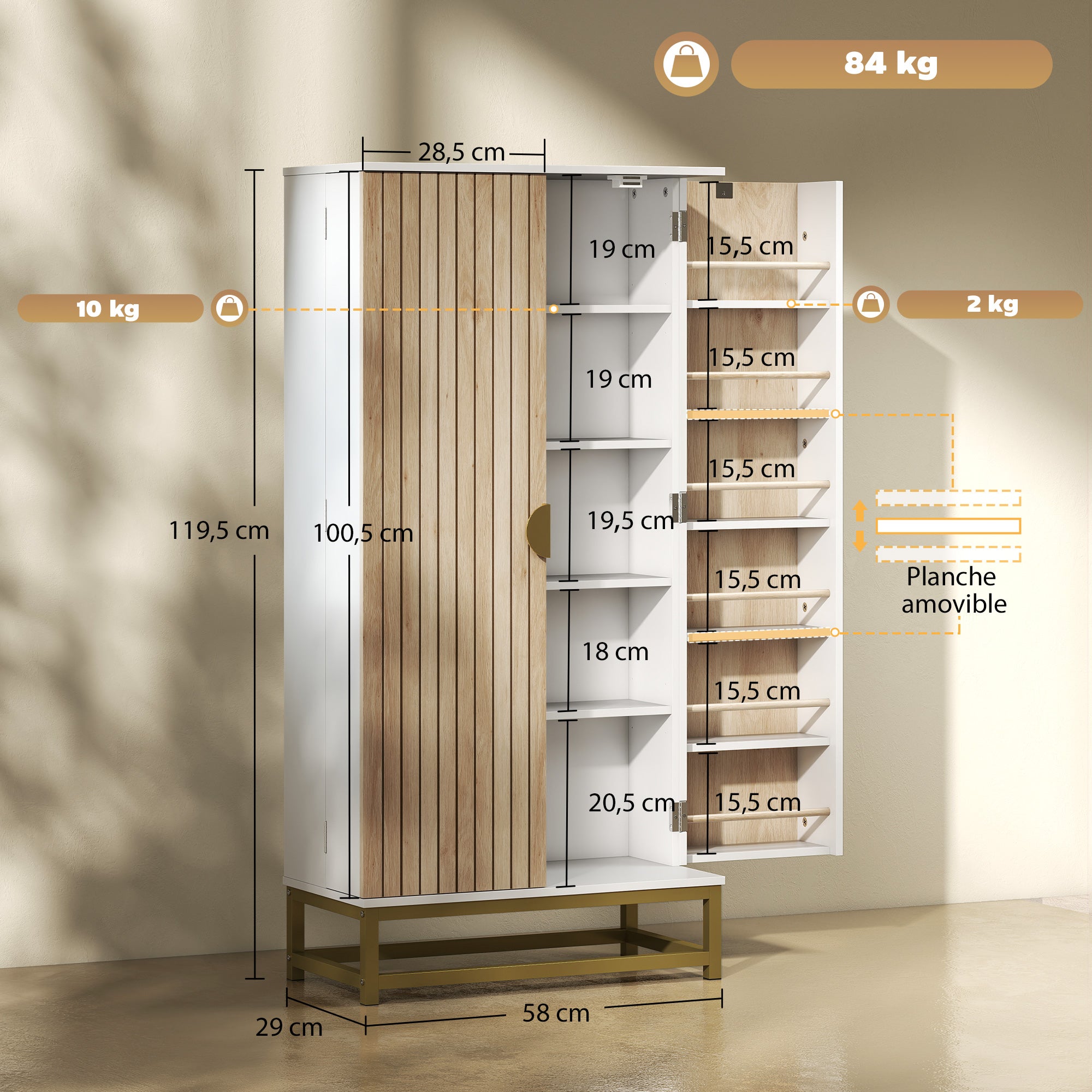 Kitchen Buffet, Kitchen Storage Cabinet, Modern Display Cabinet with 12 Shelf Doors, Adjustable Shelves, and Double Louvered Door, for Dining Room, Living Room, 58x29x119.5cm, White