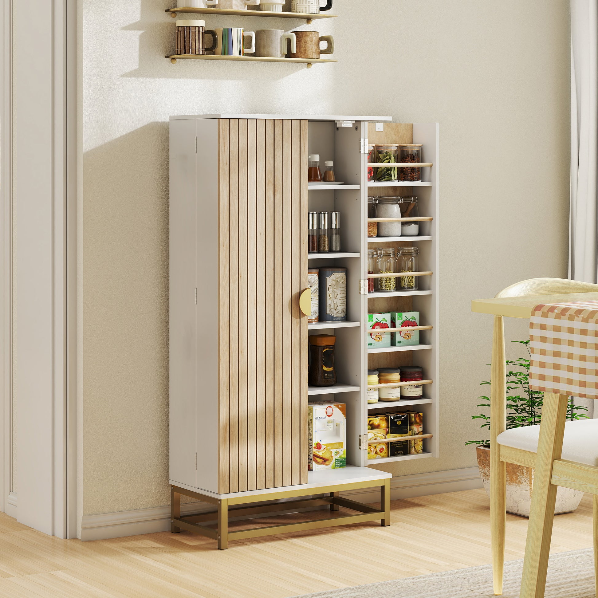 Kitchen Buffet, Kitchen Storage Cabinet, Modern Display Cabinet with 12 Shelf Doors, Adjustable Shelves, and Double Louvered Door, for Dining Room, Living Room, 58x29x119.5cm, White