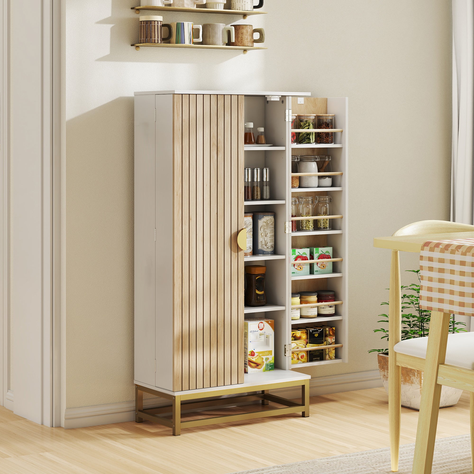 Kitchen Buffet, Kitchen Storage Cabinet, Modern Display Cabinet with 12 Shelf Doors, Adjustable Shelves, and Double Louvered Door, for Dining Room, Living Room, 58x29x119.5cm, White