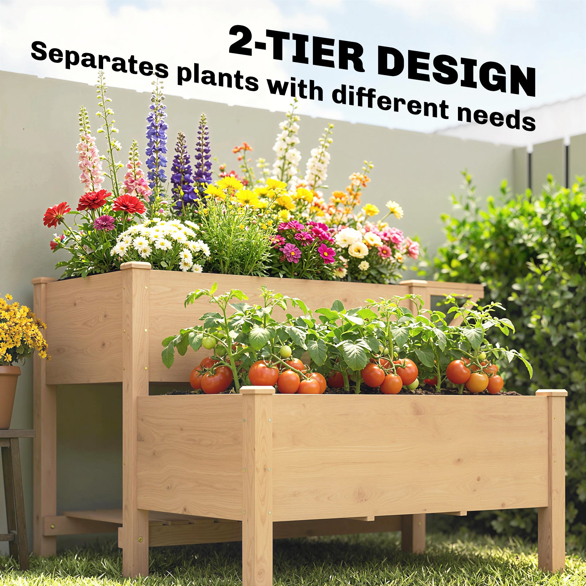2-Tier Elevated Planter with Fabric Liner, Drainage Holes & Side Shelf, Pine Raised Garden Bed for Garden & Balcony — 119.5 x 102 x 76.5 cm (47.0 x 40.2 x 30.1 in) — Light Brown