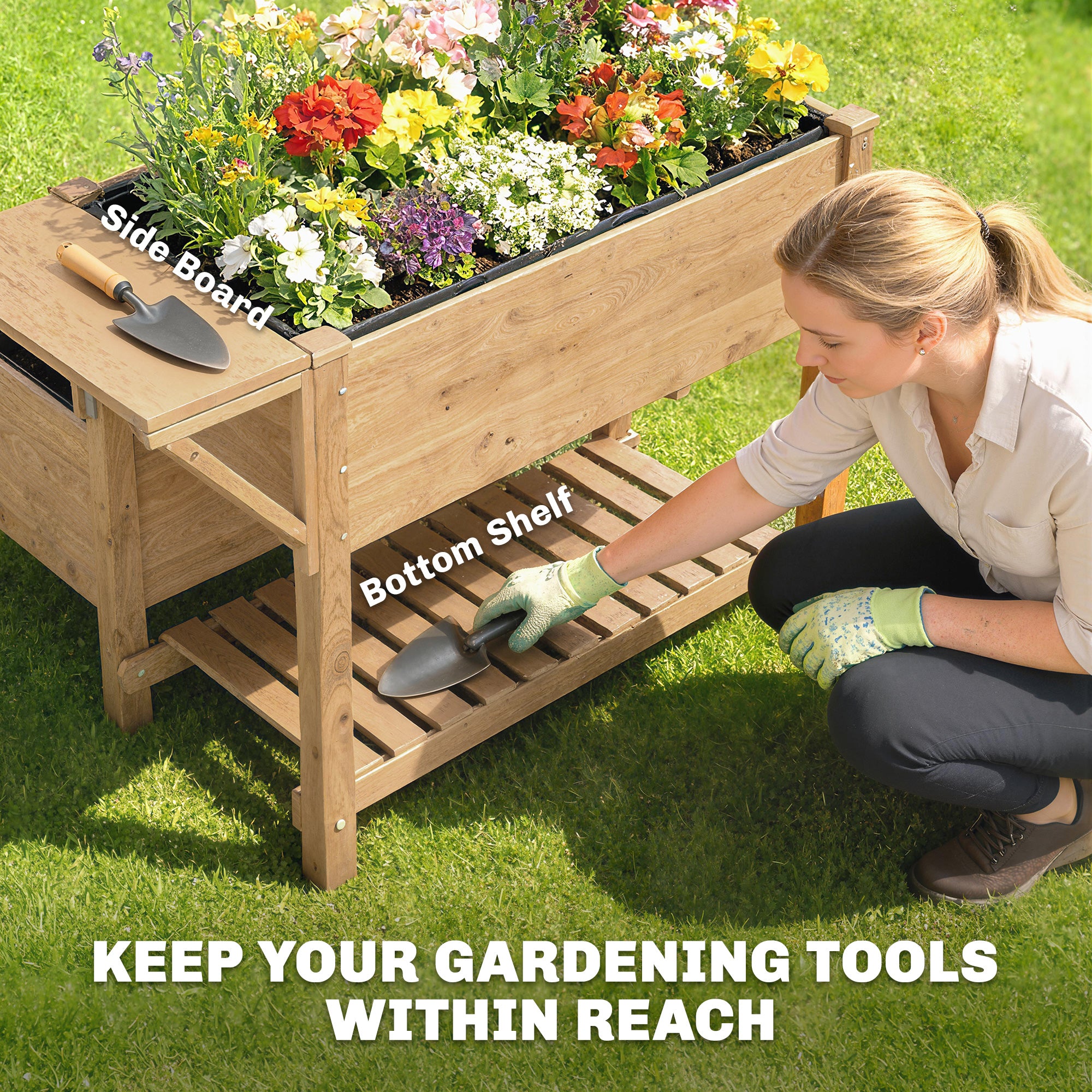 2-Tier Elevated Planter with Fabric Liner, Drainage Holes & Side Shelf, Pine Raised Garden Bed for Garden & Balcony — 119.5 x 102 x 76.5 cm (47.0 x 40.2 x 30.1 in) — Light Brown