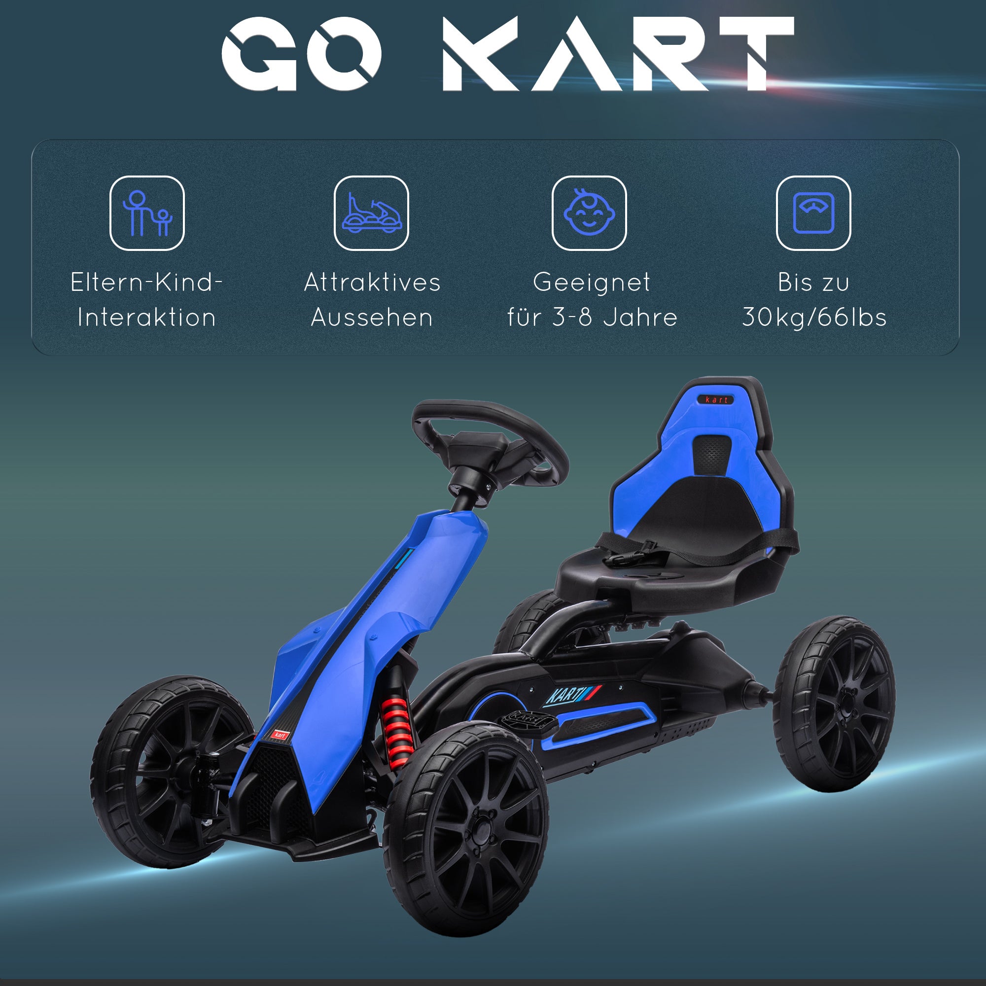 Go-Kart Pedal Car with Handbrake, Adjustable Seat, Forward and Reverse Gears, EVA Wheels, Pedal, Children's Vehicle Go-Kart for Kids 3-8 Years Blue