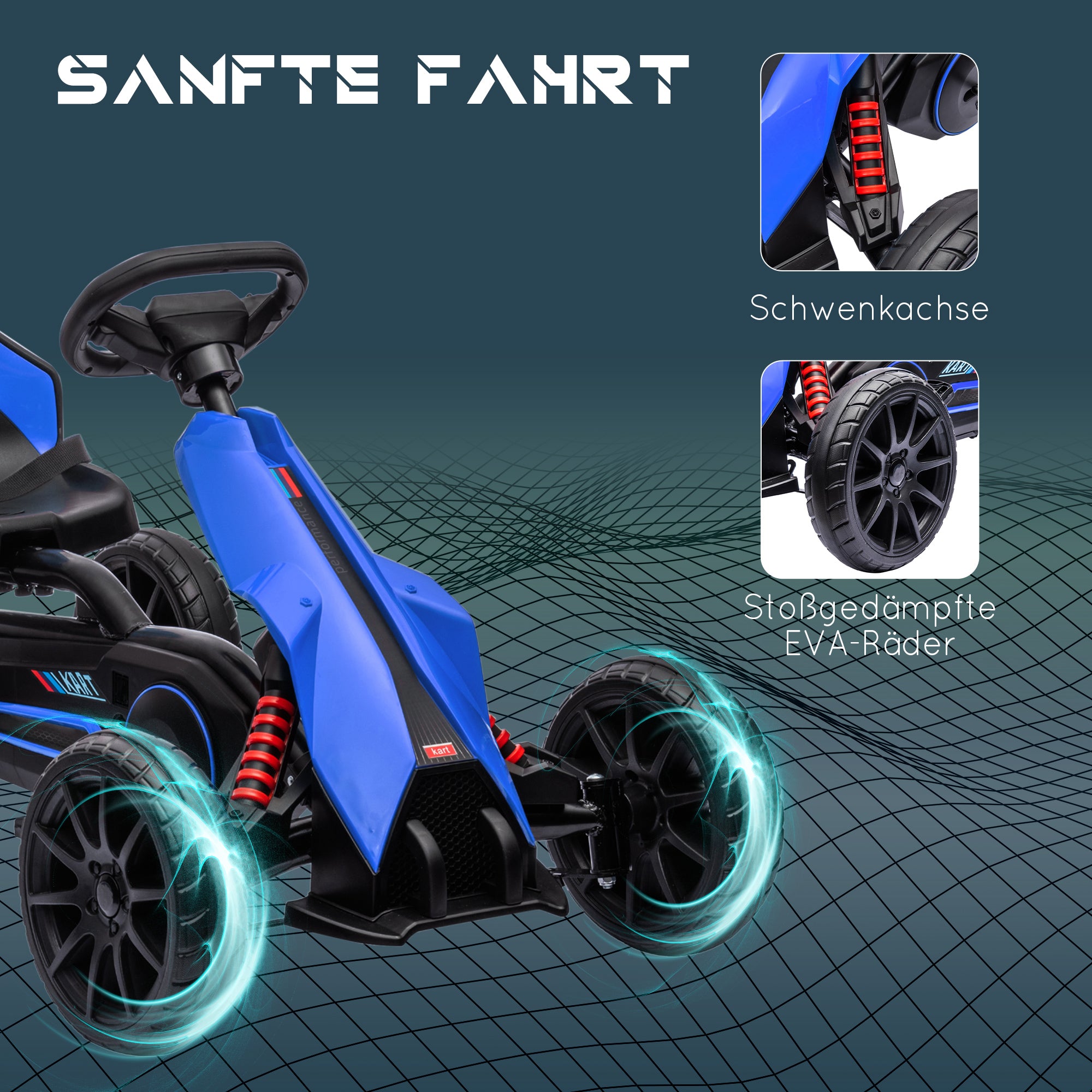 Go-Kart Pedal Car with Handbrake, Adjustable Seat, Forward and Reverse Gears, EVA Wheels, Pedal, Children's Vehicle Go-Kart for Kids 3-8 Years Blue