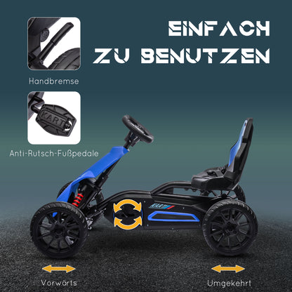 Go-Kart Pedal Car with Handbrake, Adjustable Seat, Forward and Reverse Gears, EVA Wheels, Pedal, Children's Vehicle Go-Kart for Kids 3-8 Years Blue