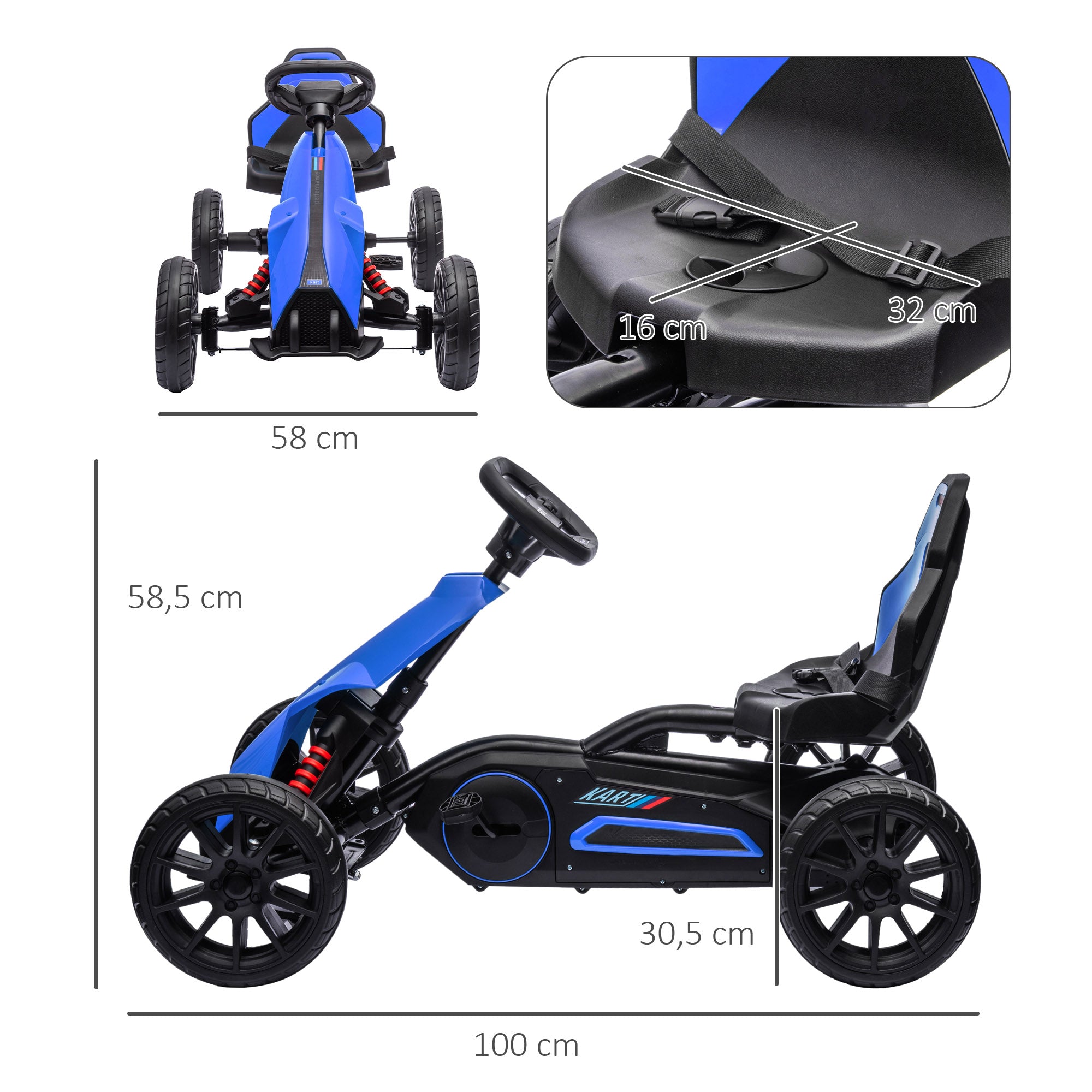 Go-Kart Pedal Car with Handbrake, Adjustable Seat, Forward and Reverse Gears, EVA Wheels, Pedal, Children's Vehicle Go-Kart for Kids 3-8 Years Blue
