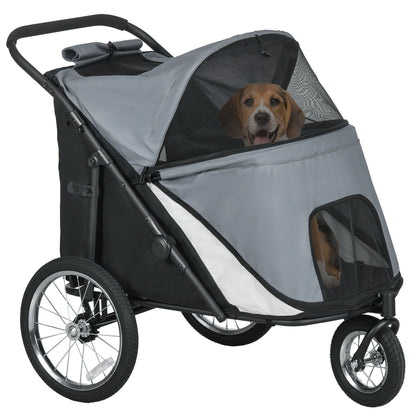 Dog Wagon Dog Stroller with Mesh Windows, Foldable Cat Cart with Safety Leash, Large Rubber Wheels for Medium, Large Dogs up to 30 kg, Oxford, Grey