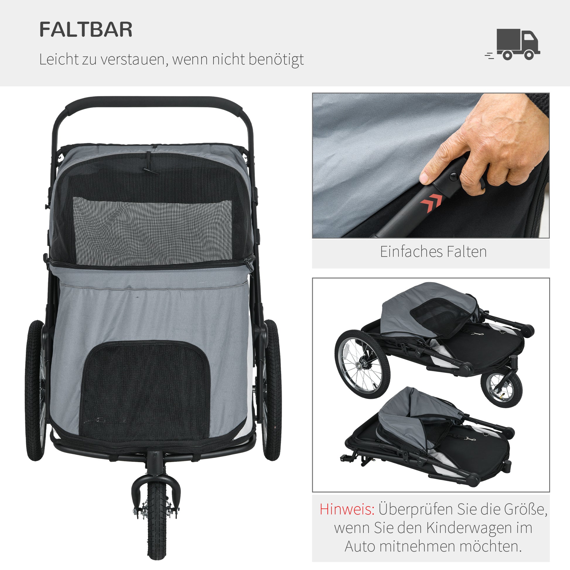 Dog Wagon Dog Stroller with Mesh Windows, Foldable Cat Cart with Safety Leash, Large Rubber Wheels for Medium, Large Dogs up to 30 kg, Oxford, Grey