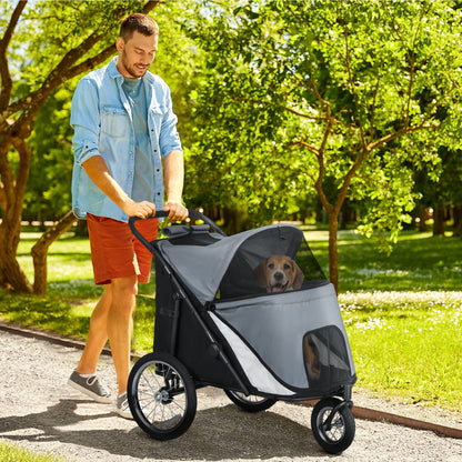Dog Wagon Dog Stroller with Mesh Windows, Foldable Cat Cart with Safety Leash, Large Rubber Wheels for Medium, Large Dogs up to 30 kg, Oxford, Grey