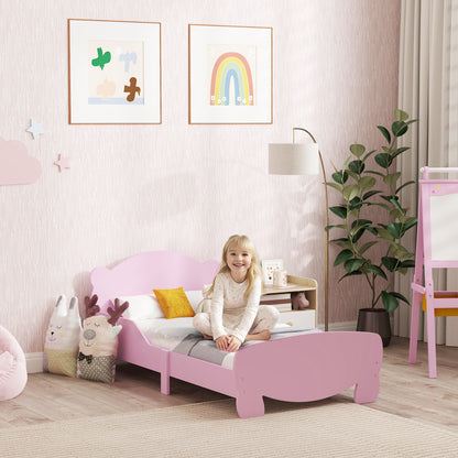 Montessori Children's Bed 3-6 Years, 140x70 cm Single Children's Bed with Anti-Fall Rails and Bear Shaped Wooden Slatted Base for Kids' Room, Pink