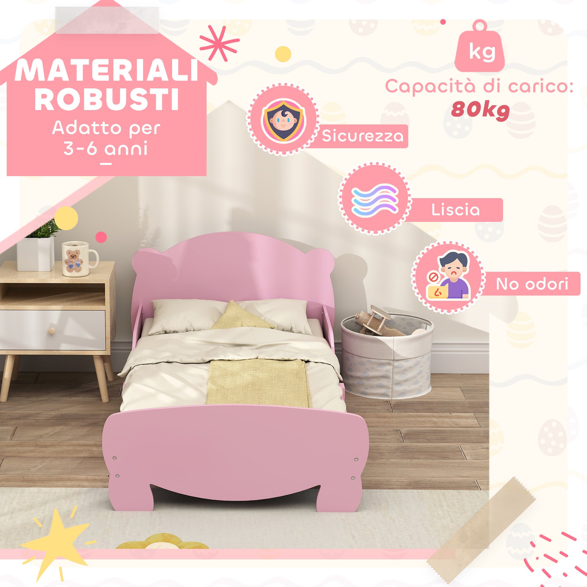 Montessori Children's Bed 3-6 Years, 140x70 cm Single Children's Bed with Anti-Fall Rails and Bear Shaped Wooden Slatted Base for Kids' Room, Pink