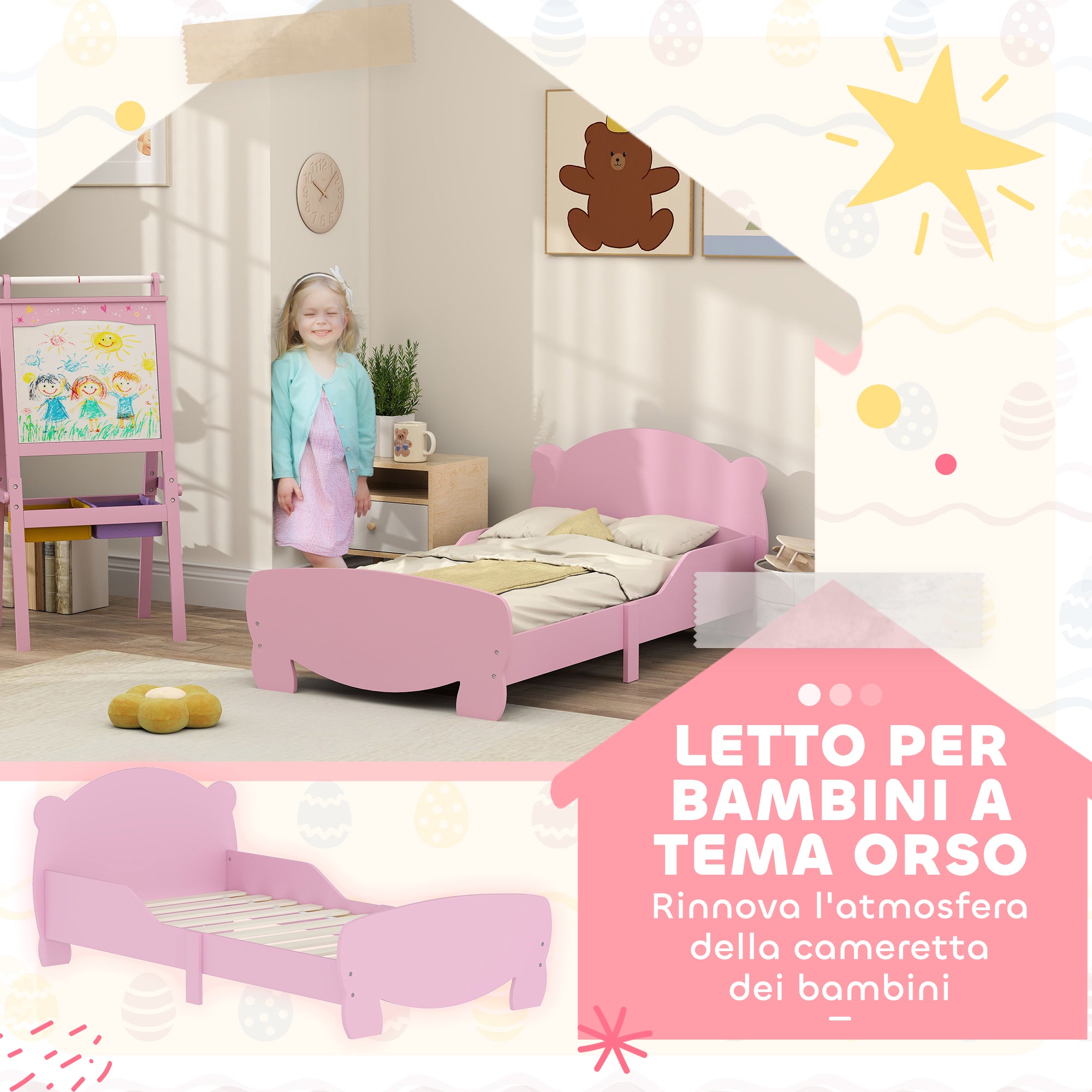 Montessori Children's Bed 3-6 Years, 140x70 cm Single Children's Bed with Anti-Fall Rails and Bear Shaped Wooden Slatted Base for Kids' Room, Pink
