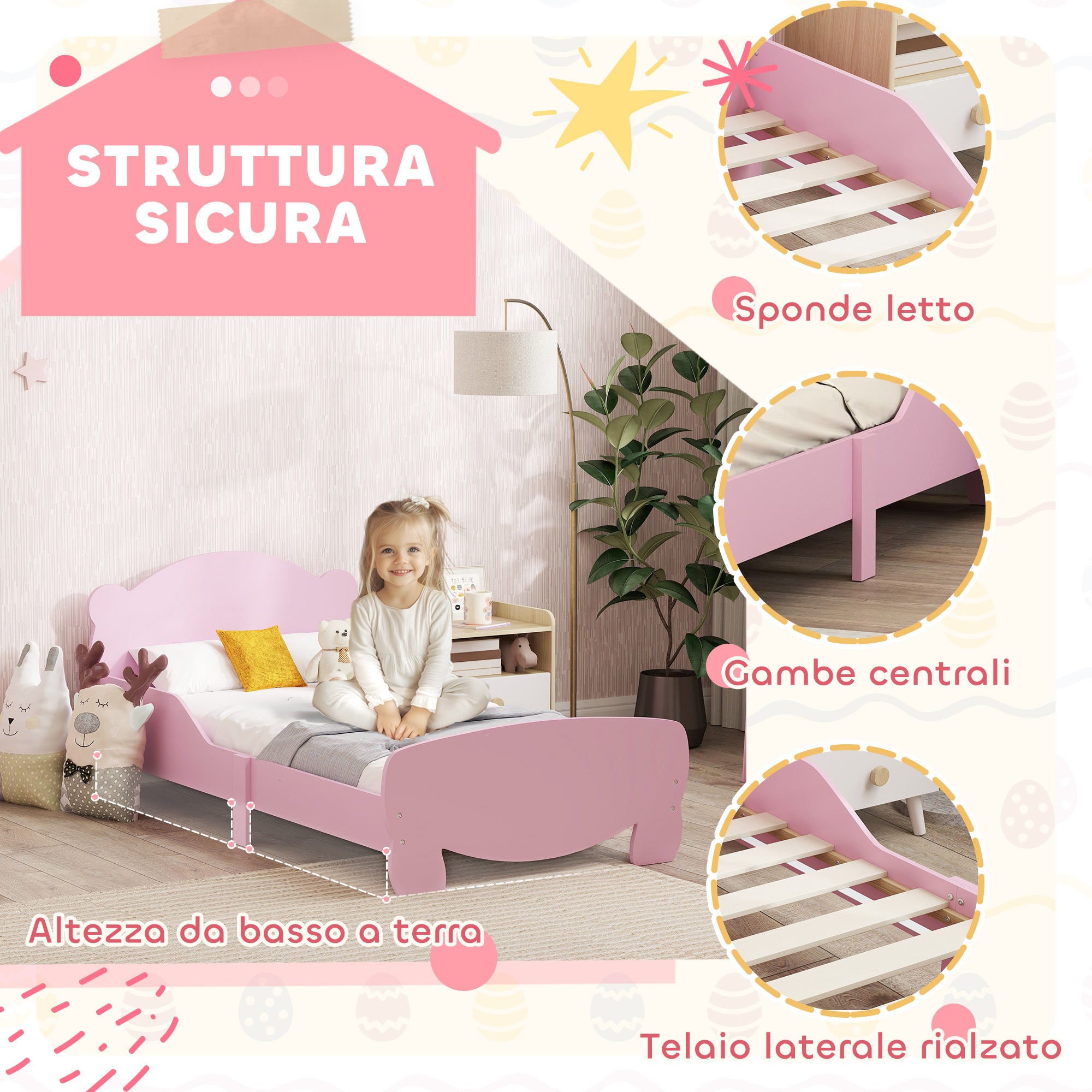 Montessori Children's Bed 3-6 Years, 140x70 cm Single Children's Bed with Anti-Fall Rails and Bear Shaped Wooden Slatted Base for Kids' Room, Pink