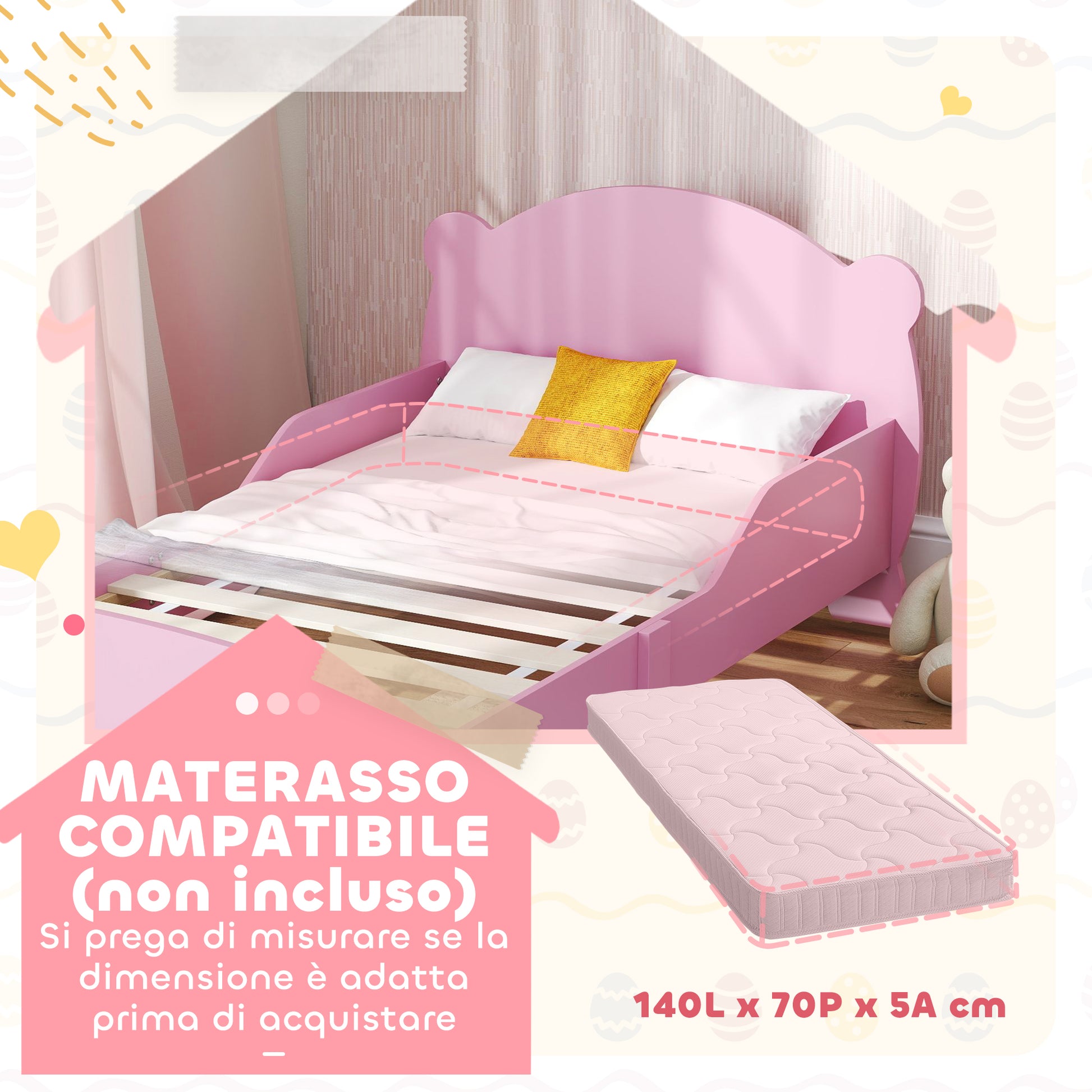 Montessori Children's Bed 3-6 Years, 140x70 cm Single Children's Bed with Anti-Fall Rails and Bear Shaped Wooden Slatted Base for Kids' Room, Pink