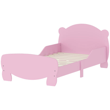 Montessori Children's Bed 3-6 Years, 140x70 cm Single Children's Bed with Anti-Fall Rails and Bear Shaped Wooden Slatted Base for Kids' Room, Pink