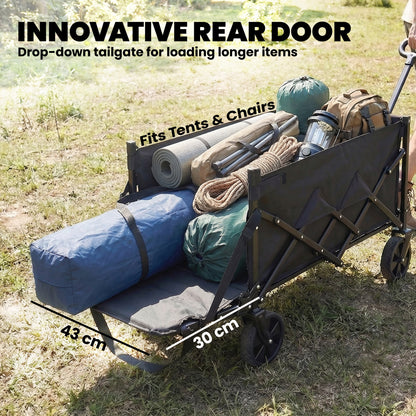 80L Foldable Wagon with Telescoping Handle, Tailgate & Cup Holders — Beach, Garden & Transport Cart, 330 lb Capacity, Black
