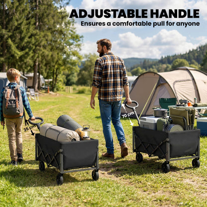 80L Foldable Wagon with Telescoping Handle, Tailgate & Cup Holders — Beach, Garden & Transport Cart, 330 lb Capacity, Black