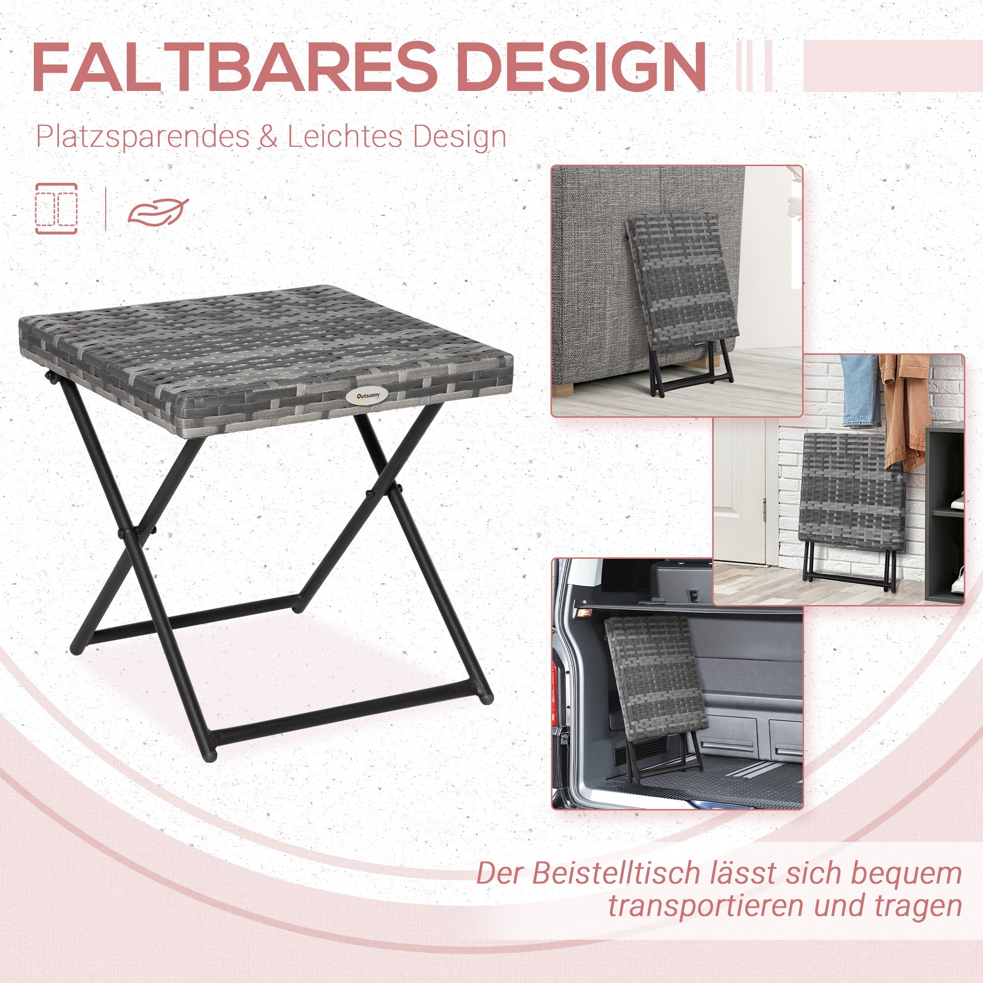 Folding Poly Rattan Side Table Coffee Table Tray Balcony Table Garden Table Sofa Table Tea Table Furniture for Garden Terrace Balcony, 40x40x40cm Grey