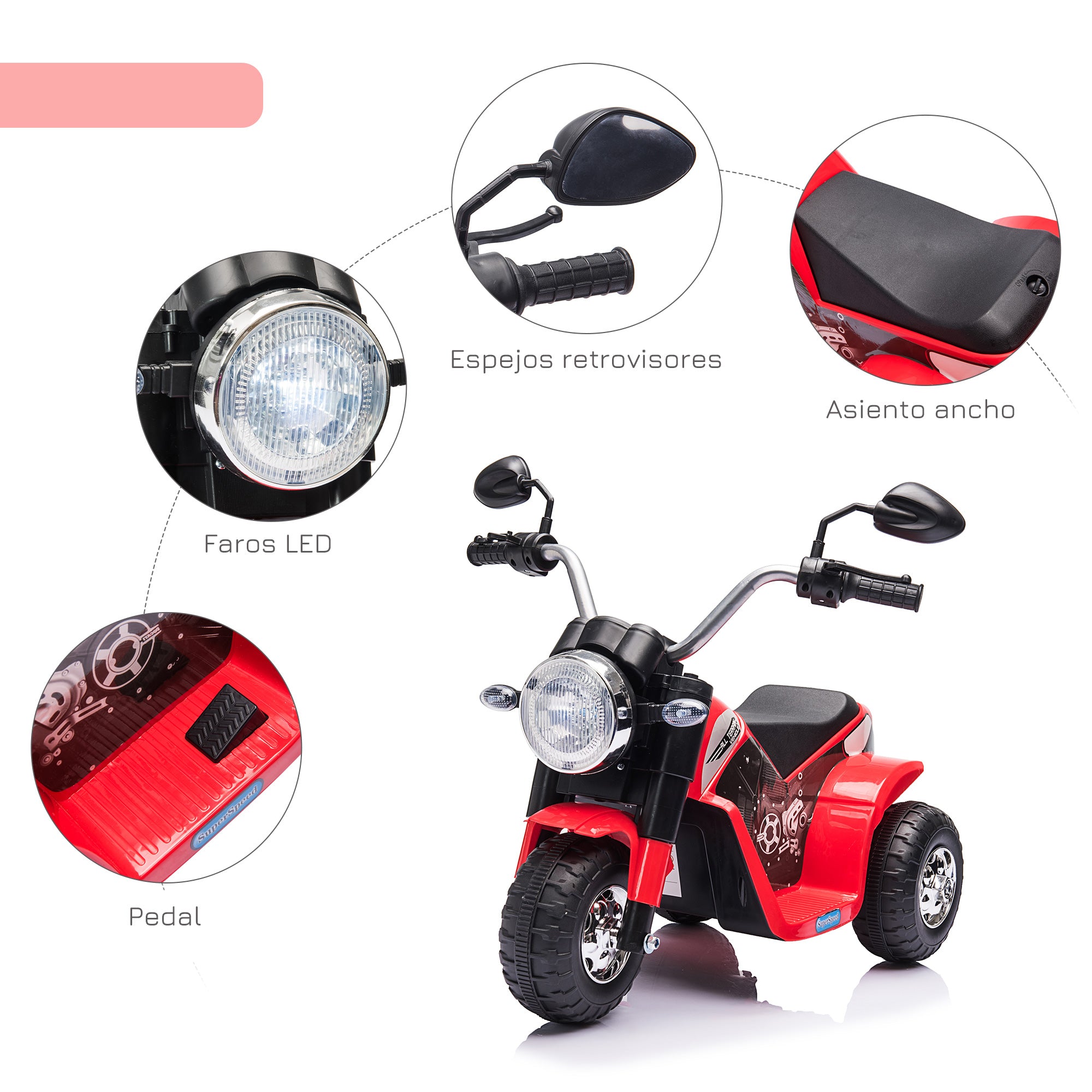 Kids Electric Motorcycle with 3 Wheels Electric Bike for Children 18-36 Months Battery Powered Tricycle 6V with Headlight Horn 72x57x56 cm Red