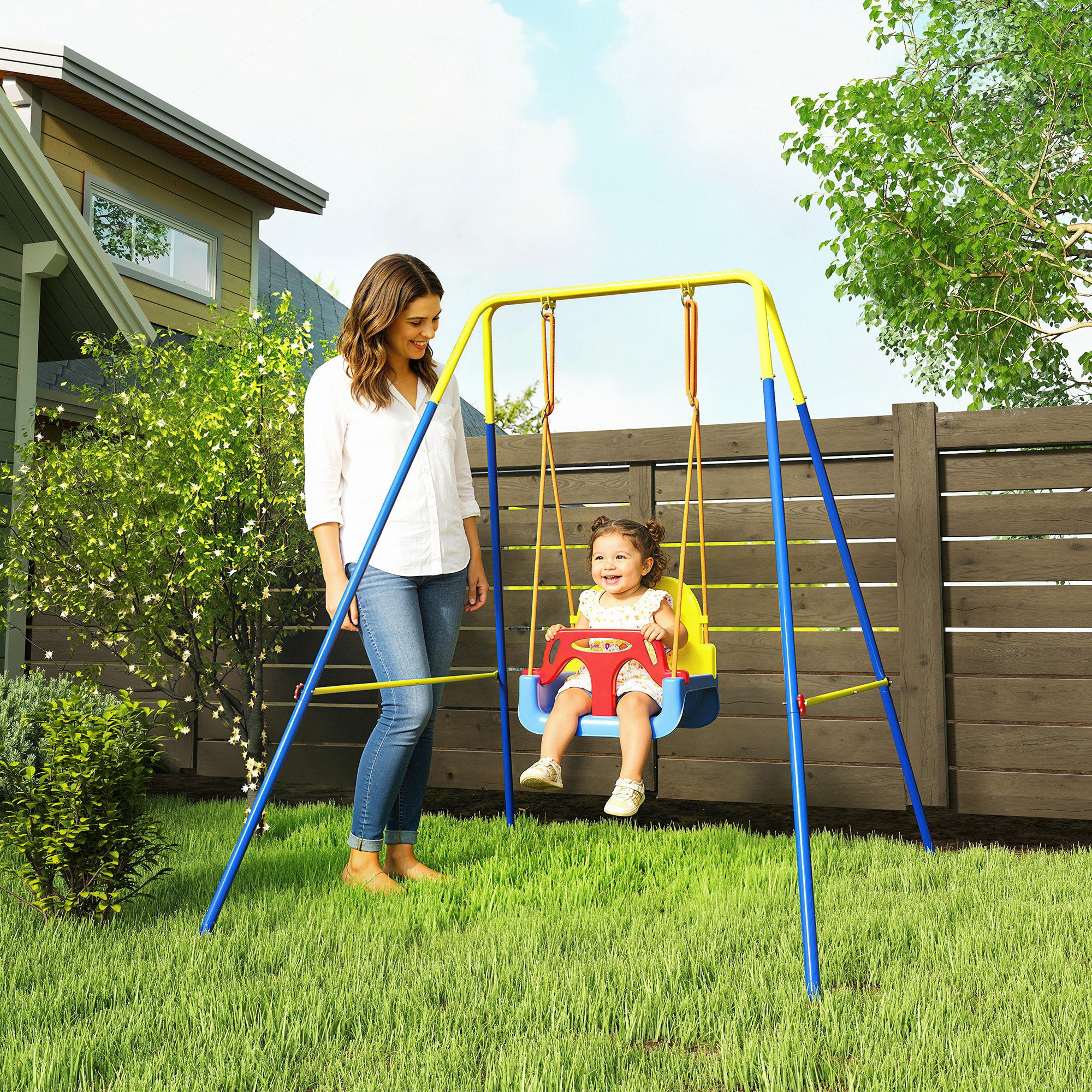 3-in-1 Adjustable Baby Swing with Backrest & Safety Harness — Fits Ages 9 Months–8 Years, Indoor & Outdoor, Blue