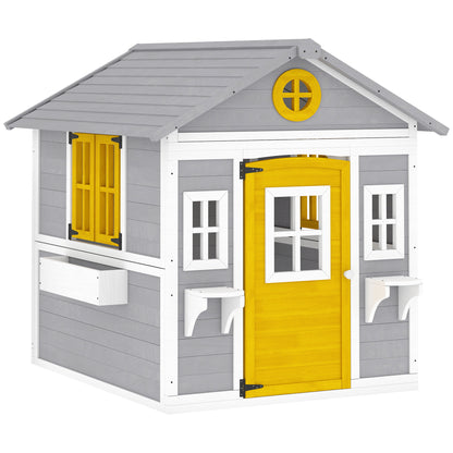 Wooden Indoor/Outdoor Playhouse with Door, Windows, Planters & Shelves — Gray, Ages 3–8