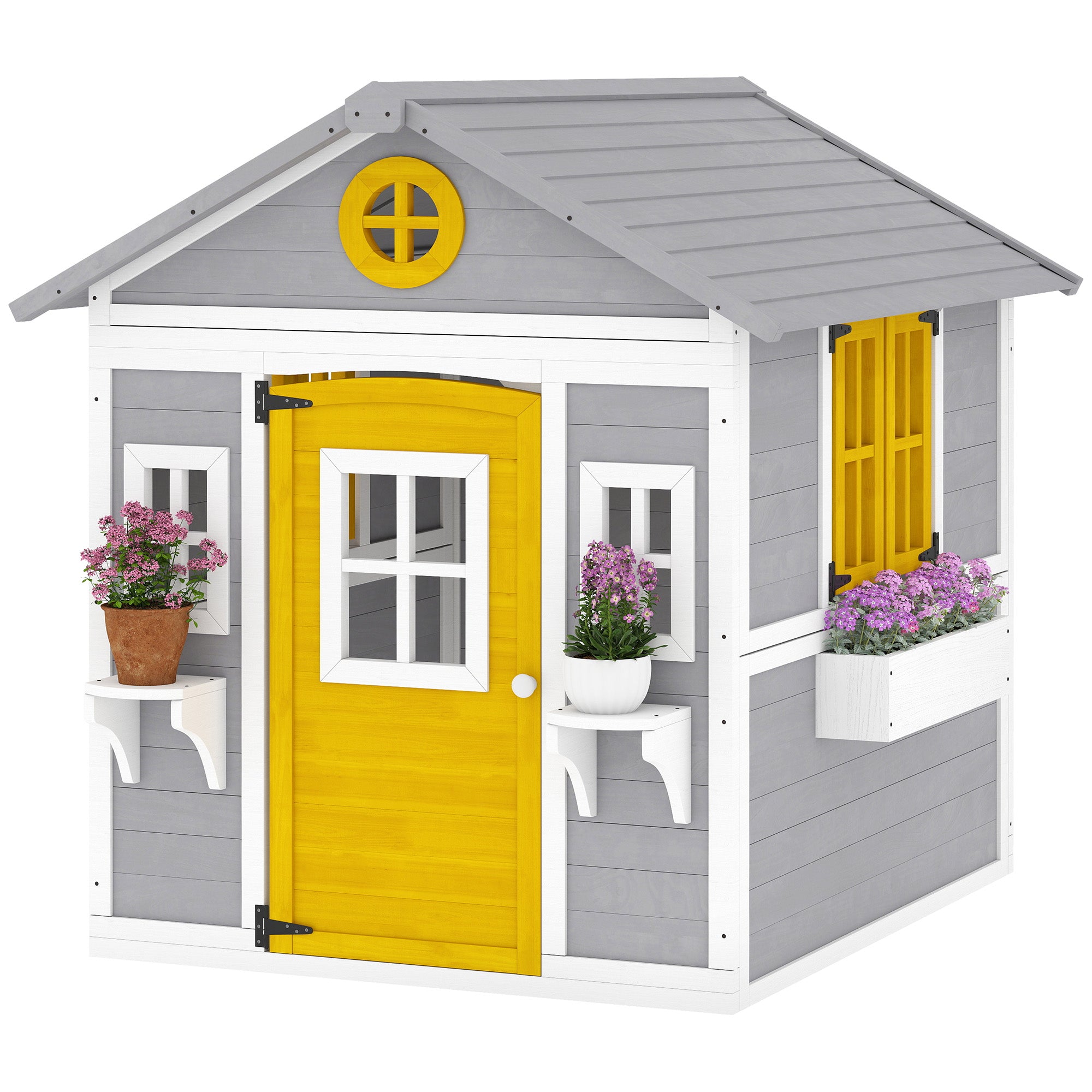 Wooden Indoor/Outdoor Playhouse with Door, Windows, Planters & Shelves — Gray, Ages 3–8
